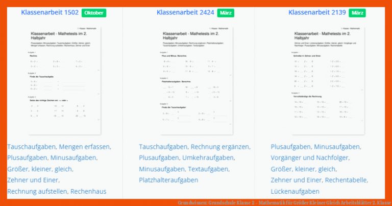 Grundwissen: Grundschule Klasse 2 - Mathematik für größer kleiner gleich arbeitsblätter 2. klasse