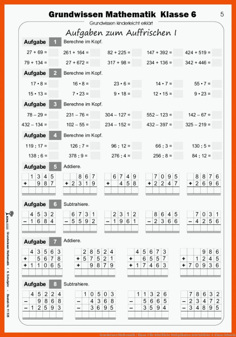 Grundwissen Mathematik / Klasse 6 für schriftliche multiplikation arbeitsblätter 4. klasse schweiz