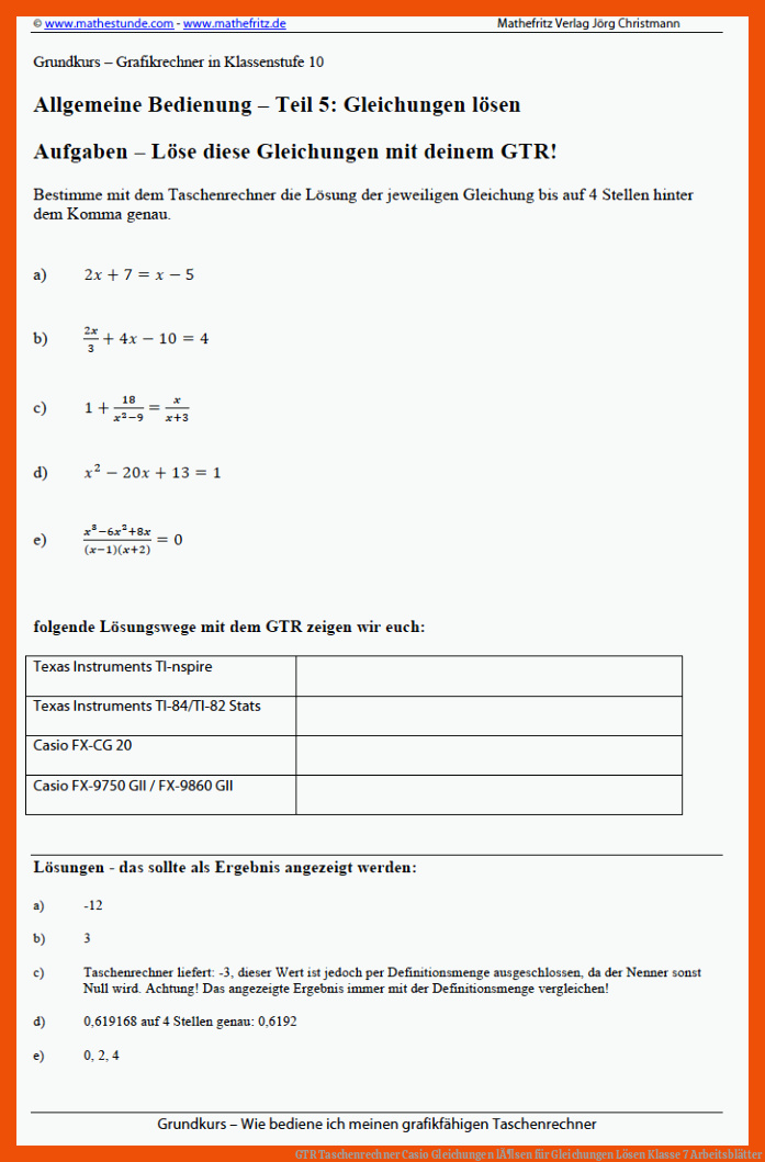 GTR Taschenrechner Casio Gleichungen lÃ¶sen für gleichungen lösen klasse 7 arbeitsblätter