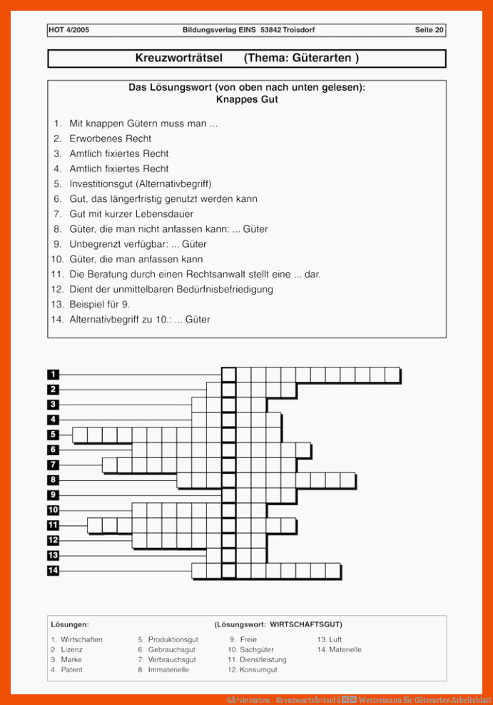 GÃ¼terarten - KreuzwortrÃ¤tsel â Westermann für güterarten arbeitsblatt