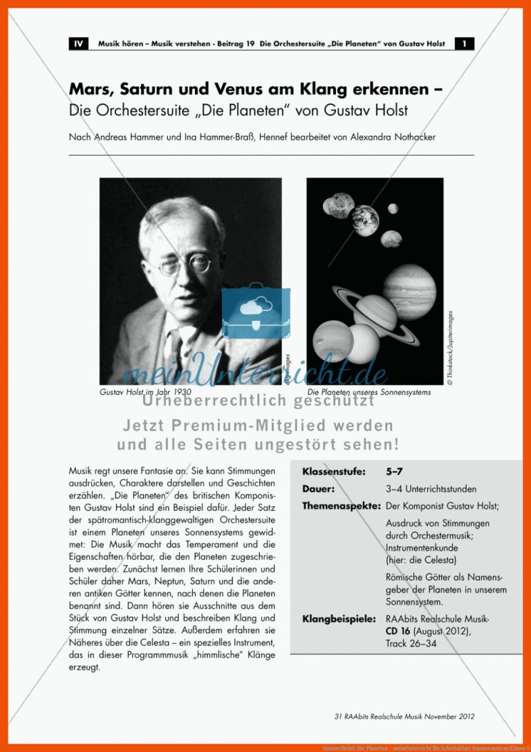 Gustav Holst: Die Planeten - meinUnterricht für arbeitsblatt sonnensystem klasse 5