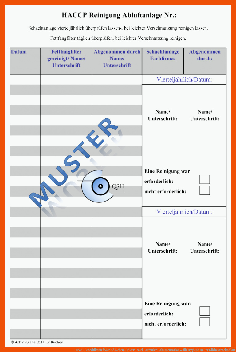 HACCP Checklisten fÃ¼r KÃ¼chen, HACCP Excel Formular Dokumentation ... für hygiene in der küche arbeitsblatt