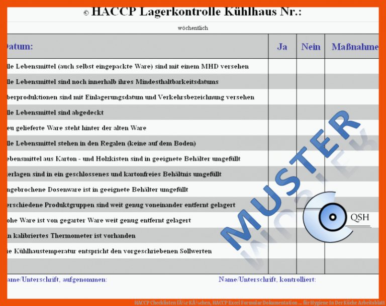 HACCP Checklisten fÃ¼r KÃ¼chen, HACCP Excel Formular Dokumentation ... für hygiene in der küche arbeitsblatt