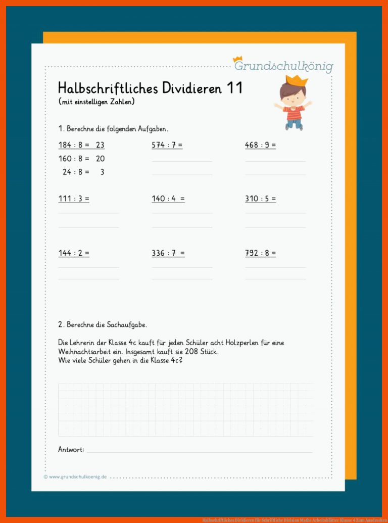Halbschriftliches Dividieren für schriftliche division mathe arbeitsblätter klasse 4 zum ausdrucken