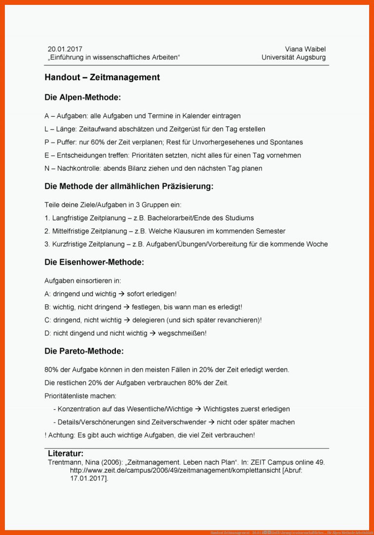 Handout Zeitmanagement - 20.01 âEinfÃ¼hrung in wissenschaftliches ... für alpen methode arbeitsblatt