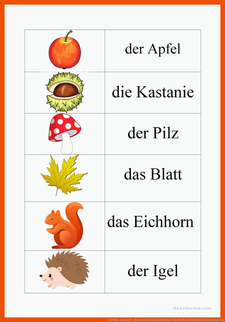 Herbst- memory - Deutsch Daf Arbeitsblatter für herbst arbeitsblatt kindergarten