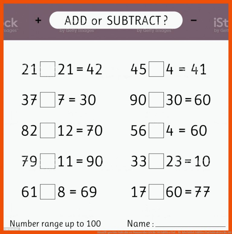 HinzufÃ¼gen Oder Subtrahieren Nummernbereich Bis 100 Addition Und ... Fuer Arbeitsblatt Addition Und Subtraktion Bis 100