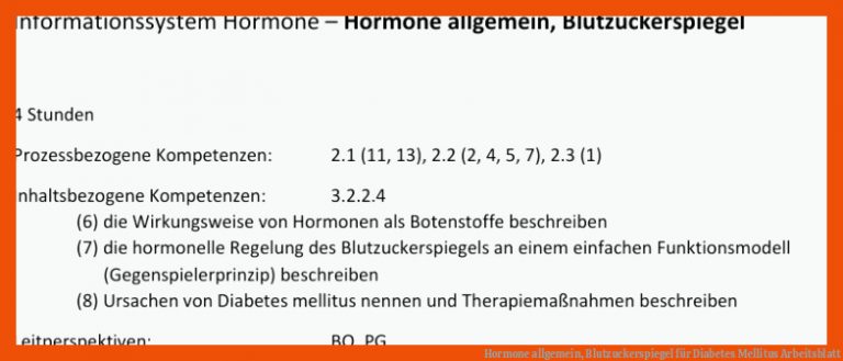 Hormone Allgemein, Blutzuckerspiegel Fuer Diabetes Mellitus Arbeitsblatt