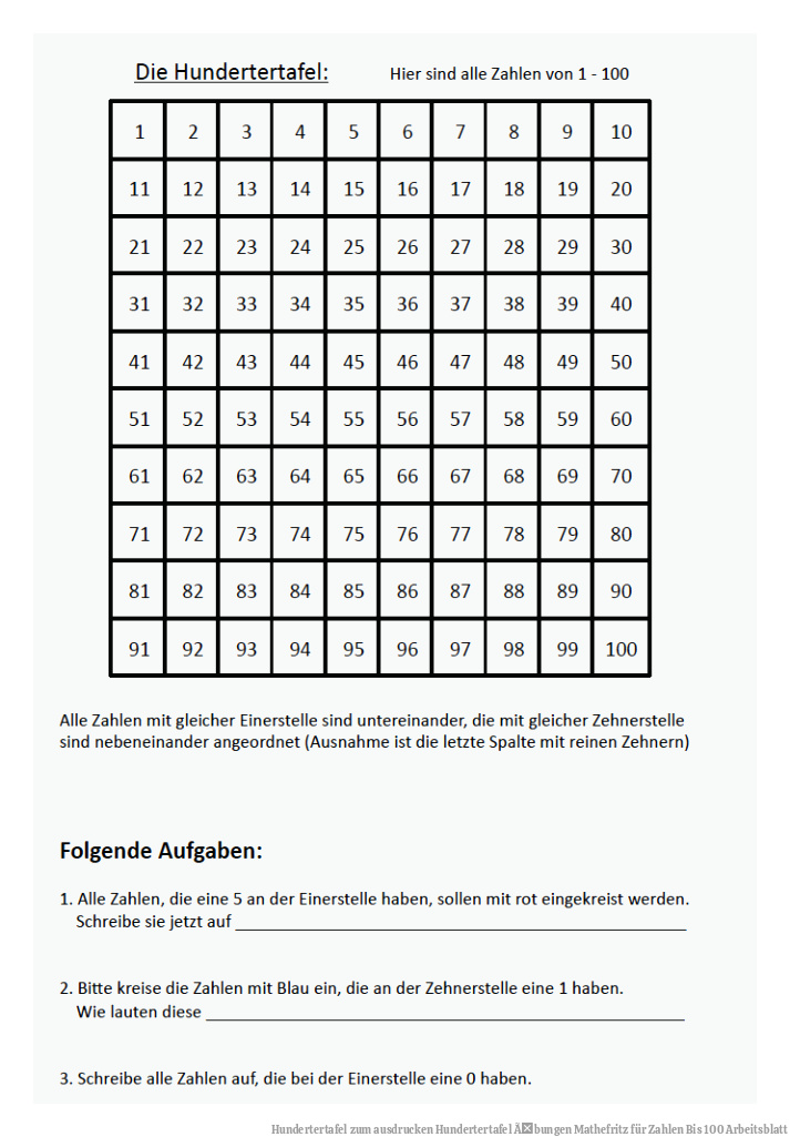 Hundertertafel zum ausdrucken | Hundertertafel Ãbungen Mathefritz für Zahlen Bis 100 Arbeitsblatt