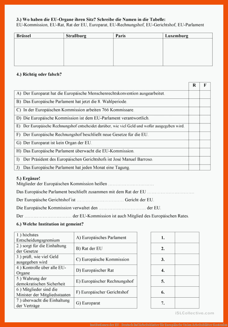 Institutionen der EU - Deutsch Daf Arbeitsblatter für europäische union arbeitsblätter kostenlos