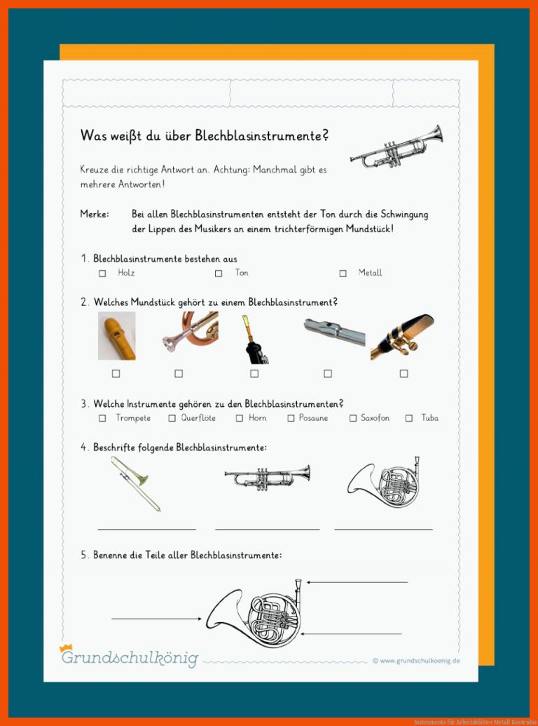 Instrumente für arbeitsblätter metall kostenlos