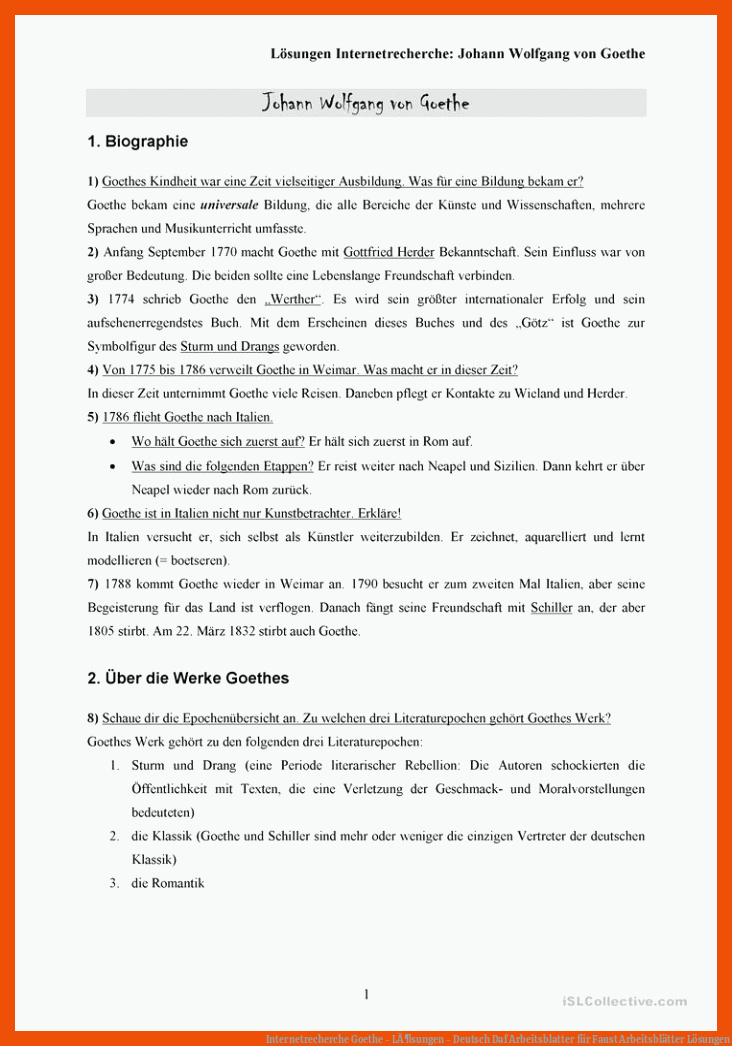 Internetrecherche Goethe - LÃ¶sungen - Deutsch Daf Arbeitsblatter für faust arbeitsblätter lösungen