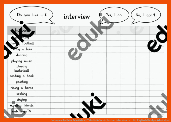 Interview hobbies Arbeitsblatt Tabelle fÃ¼r ein Partnerinterview zu ... für englisch hobbys arbeitsblatt
