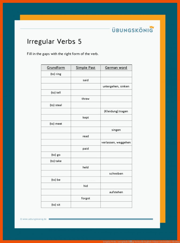 Irregular Verbs / unregelmÃ¤Ãige Verben für englisch 3 klasse arbeitsblätter kleidung