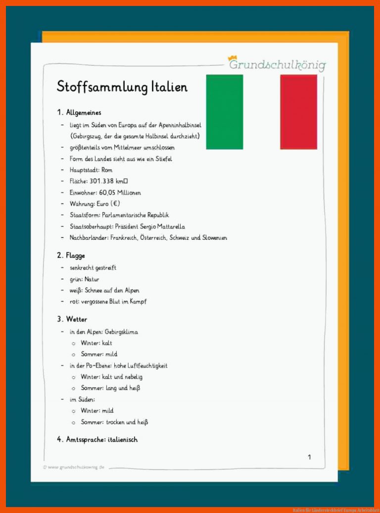 Italien für ländersteckbrief europa arbeitsblatt
