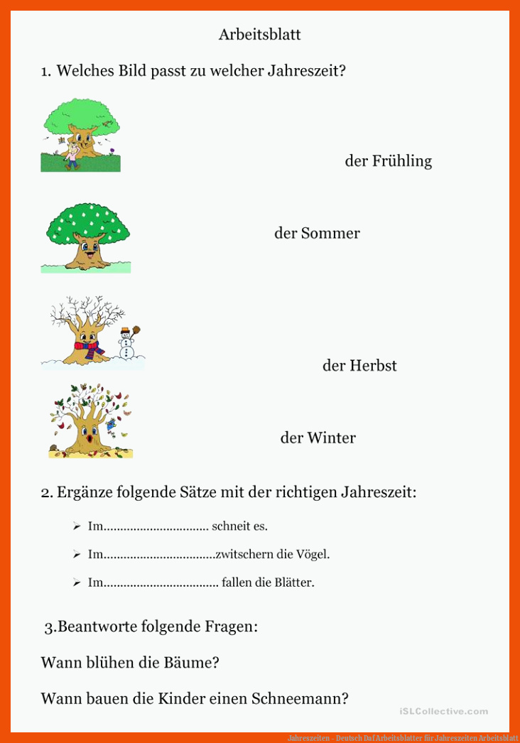 Jahreszeiten - Deutsch Daf Arbeitsblatter für jahreszeiten arbeitsblatt