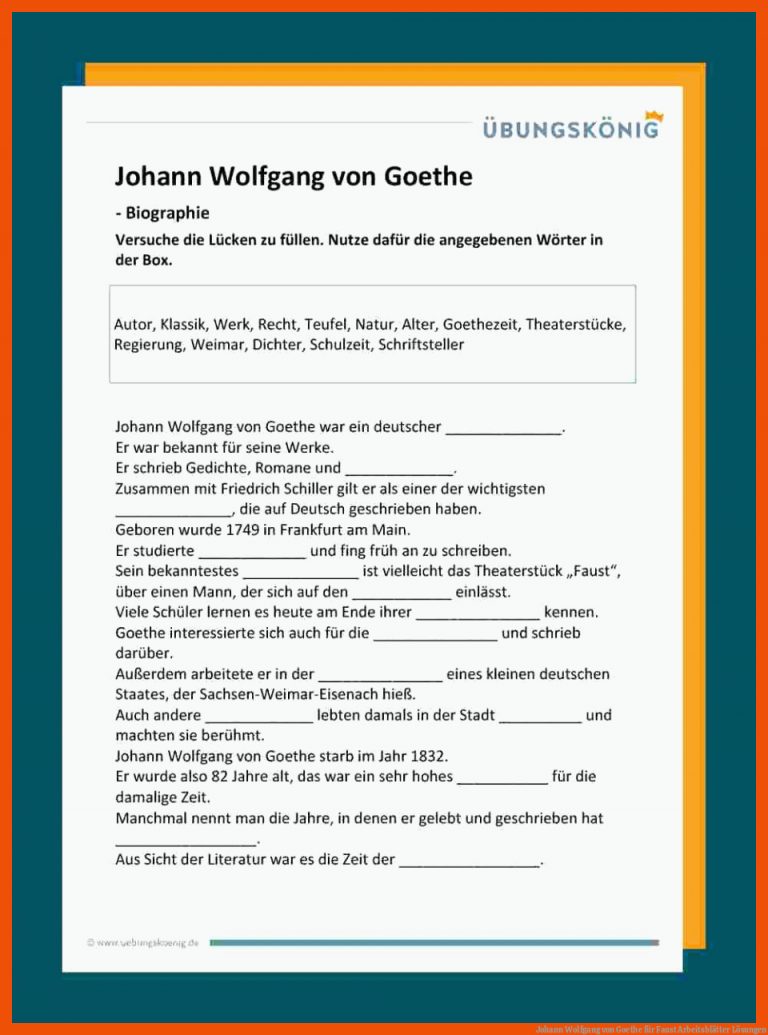 Johann Wolfgang Von Goethe Fuer Faust Arbeitsblätter Lösungen