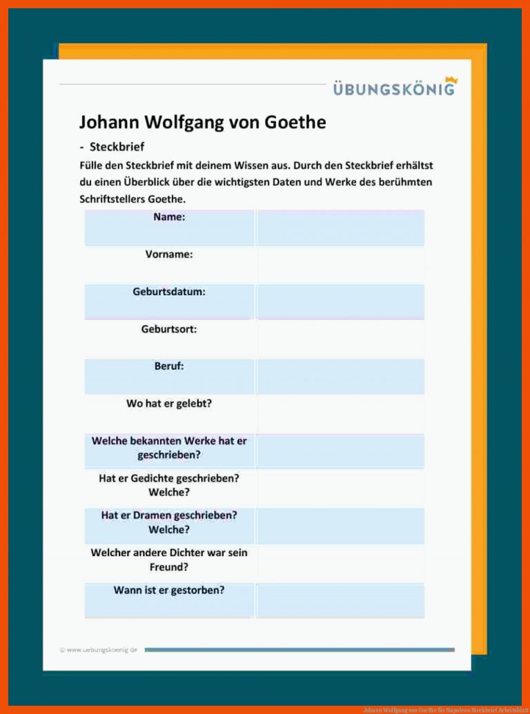 Johann Wolfgang Von Goethe Fuer Napoleon Steckbrief Arbeitsblatt
