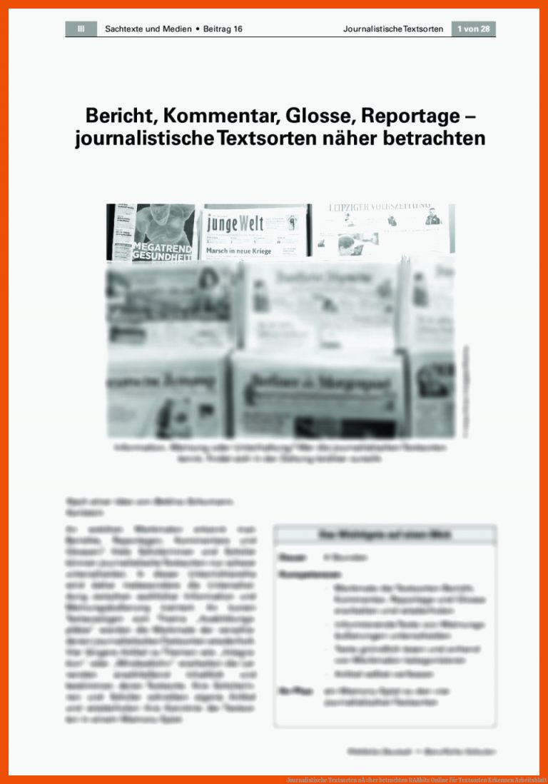 Journalistische Textsorten NÃ¤her Betrachten Raabits Online Fuer Textsorten Erkennen Arbeitsblatt