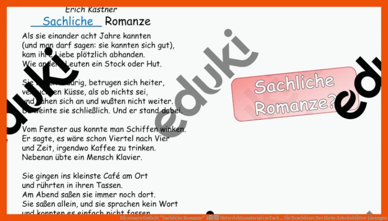 KÃ¤stners Gedicht "sachliche Romanze" â Unterrichtsmaterial Im Fach ... Fuer Beschützer Der Diebe Arbeitsblätter Lösungen
