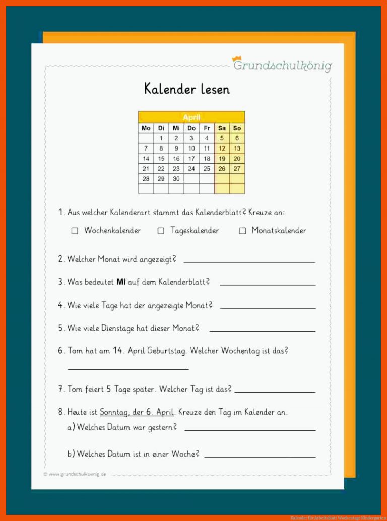 Kalender für arbeitsblatt wochentage kindergarten