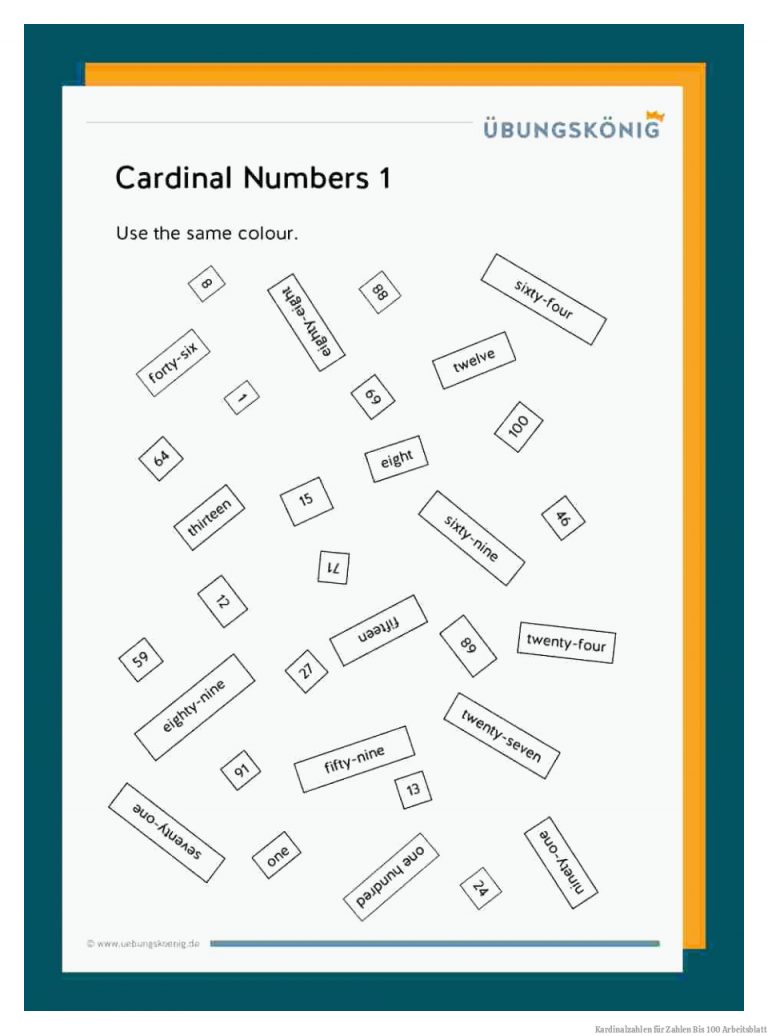 Kardinalzahlen für Zahlen Bis 100 Arbeitsblatt