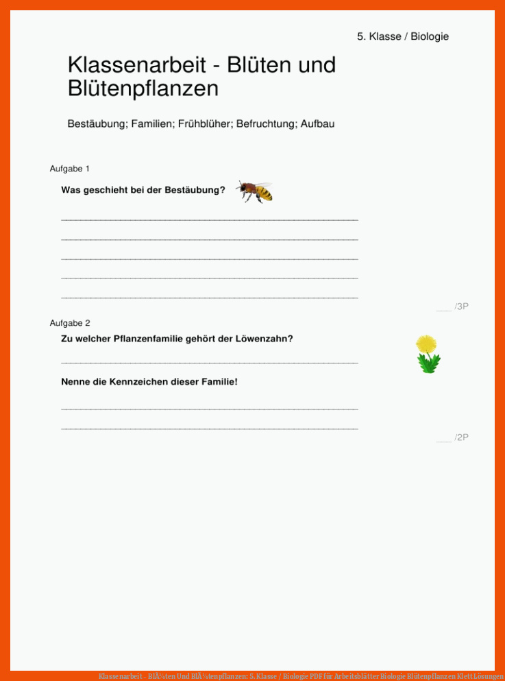 Klassenarbeit - BlÃ¼ten Und BlÃ¼tenpflanzen: 5. Klasse / Biologie | PDF für arbeitsblätter biologie blütenpflanzen klett lösungen