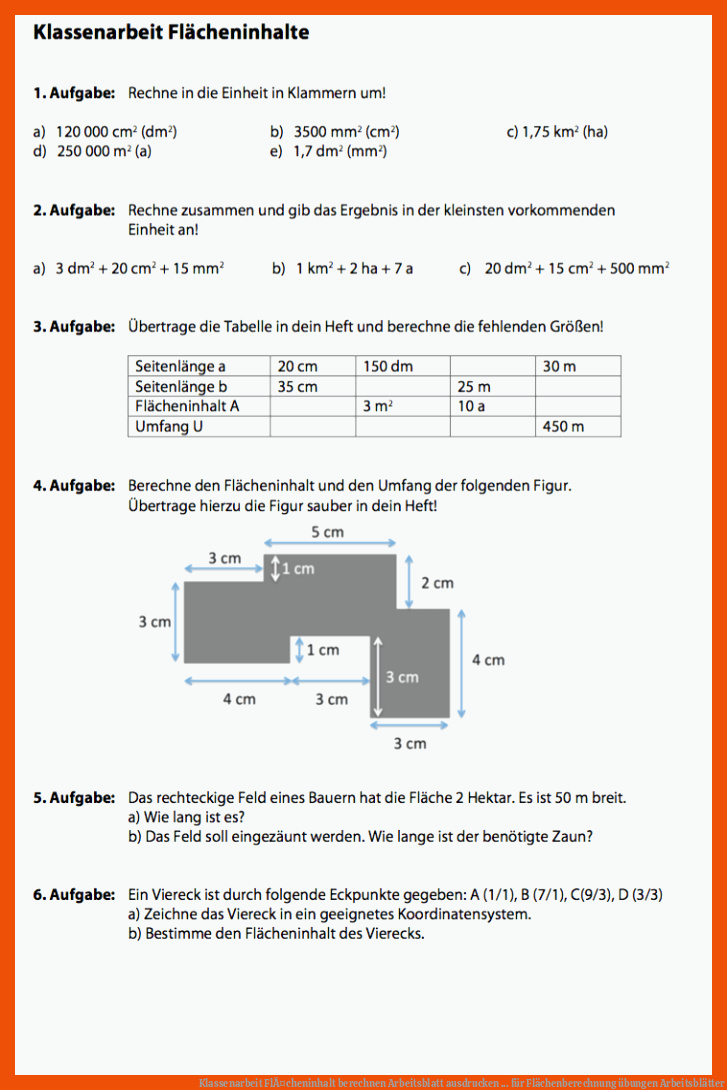 Klassenarbeit FlÃ¤cheninhalt berechnen | Arbeitsblatt ausdrucken ... für flächenberechnung übungen arbeitsblätter