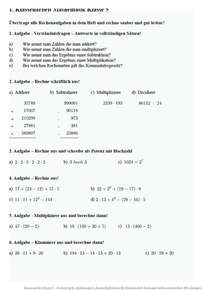 Klassenarbeit Klasse 5 - Rechenregeln, Ausklammern, Ausmultiplizieren für Klassenarbeit Rationale Zahlen Arbeitsblatt Mit Lösungen