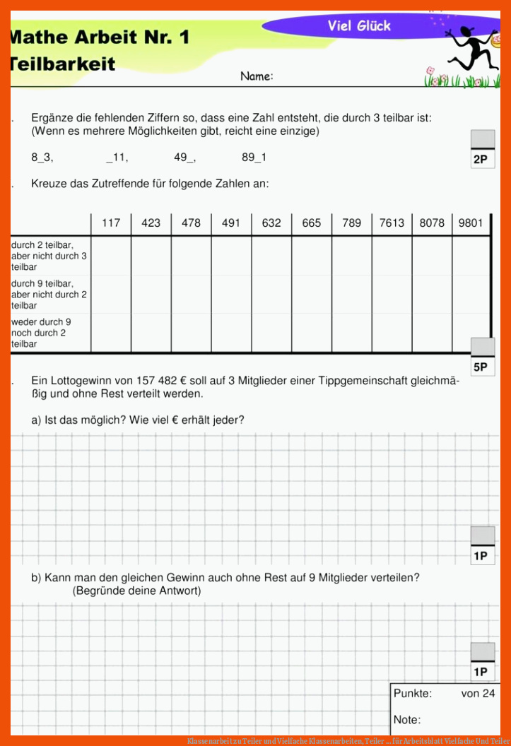 Klassenarbeit zu Teiler und Vielfache | Klassenarbeiten, Teiler ... für arbeitsblatt vielfache und teiler