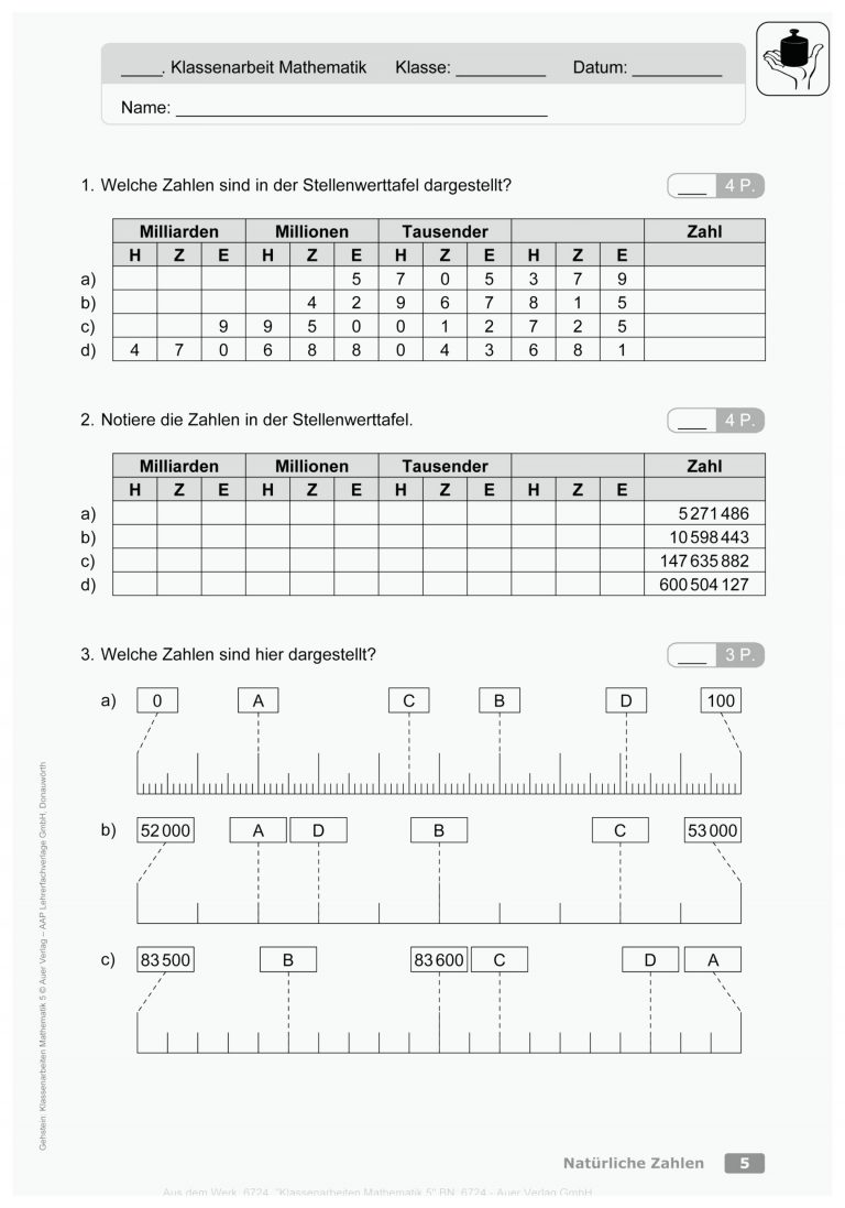 Klassenarbeiten Mathematik 5, M. 1 Cd-rom Kaufen Fuer Klassenarbeit Natürliche Zahlen Klasse 5 Arbeitsblätter