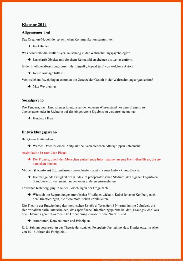 Klausur 2014 (Psycho) - Klausur 2014 Allgemeiner Teil Das Organon ... für organon modell bühler arbeitsblatt