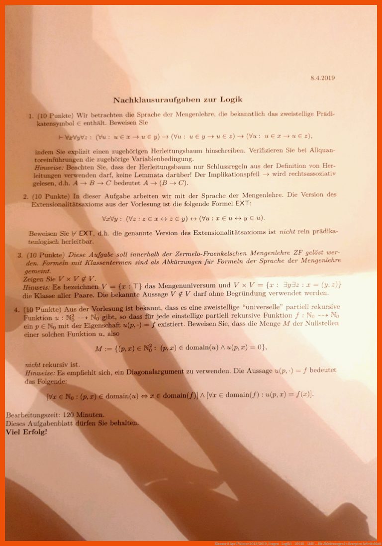 Klausur 8 April Winter 2018/2019, Fragen - Logik I - 10016 - LMU ... für abkürzungen in rezepten arbeitsblatt