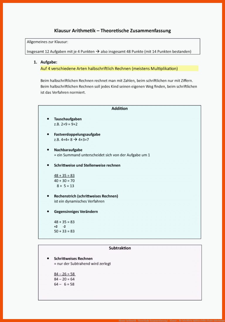Klausur Arithmetik - theoretische Zusammenfassung 1 - Klausur ... Fuer Schriftliche Addition Fehler Finden Arbeitsblatt