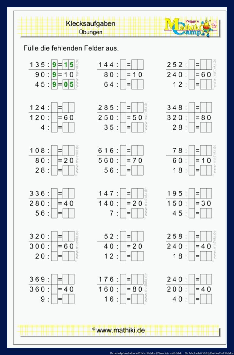 Klecksaufgaben halbschriftliche Division (Klasse 4) - mathiki.de ... für arbeitsblatt multiplikation und division