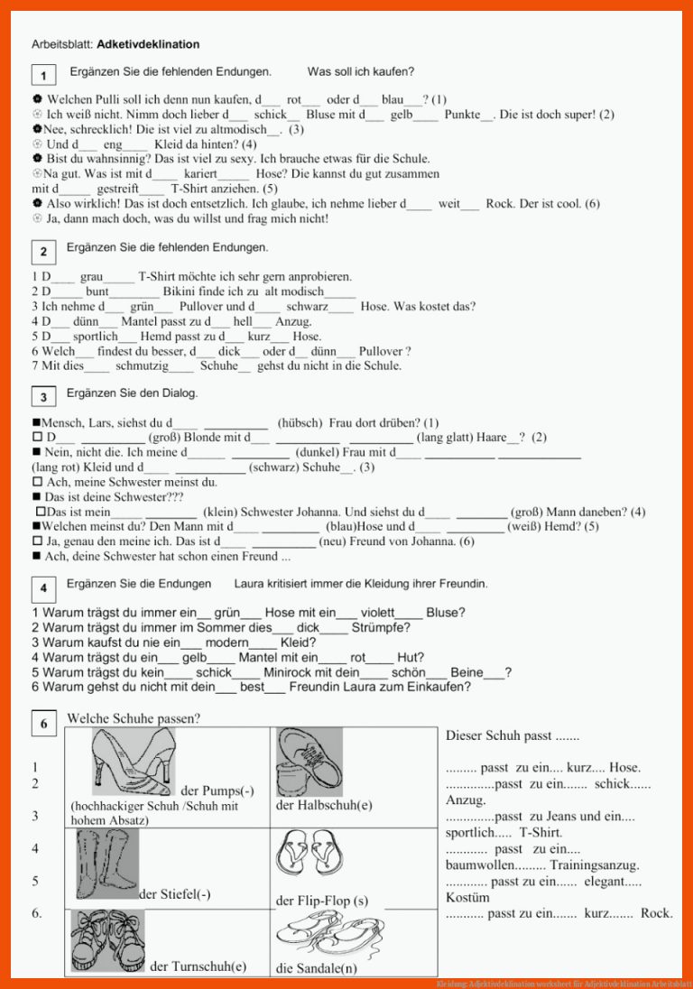 Kleidung: Adjektivdeklination worksheet für adjektivdeklination arbeitsblatt