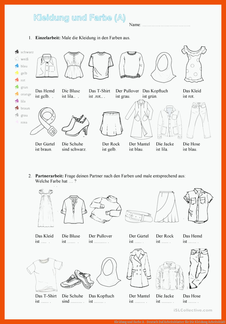 Kleidung und Farbe A - Deutsch Daf Arbeitsblatter für die kleidung arbeitsblatt