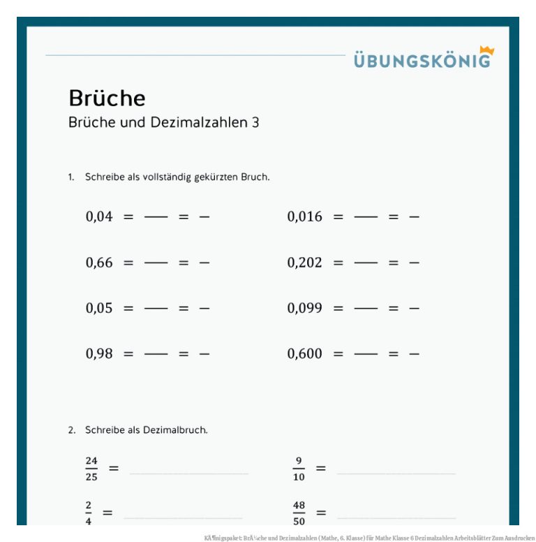 KÃ¶nigspaket: BrÃ¼che und Dezimalzahlen (Mathe, 6. Klasse) für Mathe Klasse 6 Dezimalzahlen Arbeitsblätter Zum Ausdrucken