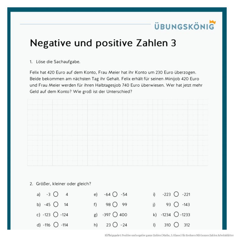 KÃ¶nigspaket: Positive Und Negative Ganze Zahlen (mathe, 5. Klasse) Fuer Rechnen Mit Ganzen Zahlen Arbeitsblätter