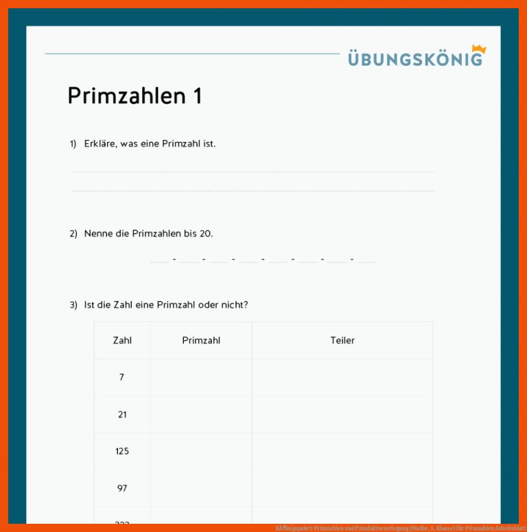 KÃ¶nigspaket: Primzahlen Und Primfaktorzerlegung (mathe, 5. Klasse) Fuer Primzahlen Arbeitsblatt
