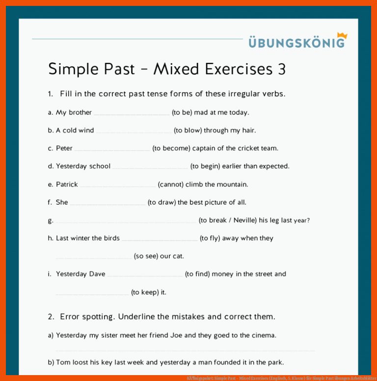 KÃ¶nigspaket: Simple Past - Mixed Exercises (Englisch, 5. Klasse) für simple past übungen arbeitsblätter