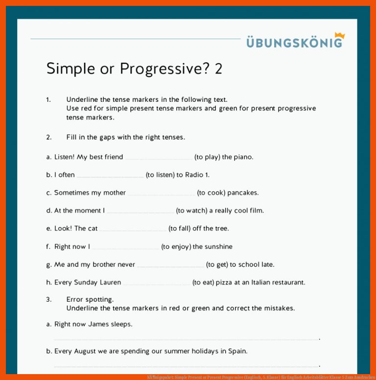 KÃ¶nigspaket: Simple Present or Present Progressive (Englisch, 5. Klasse) für englisch arbeitsblätter klasse 5 zum ausdrucken