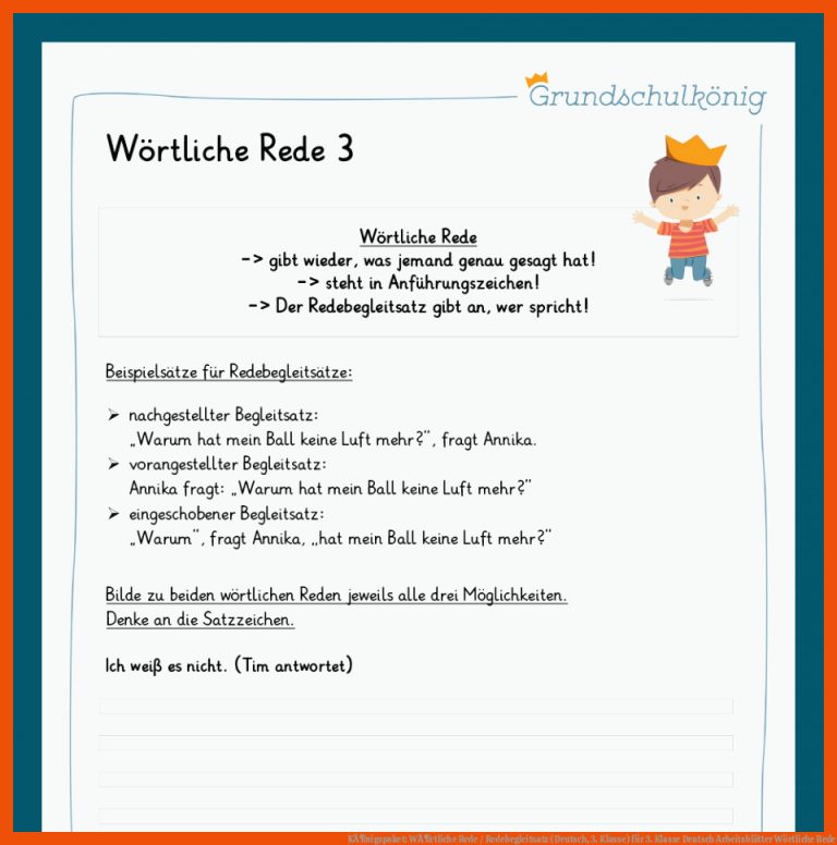 KÃ¶nigspaket: WÃ¶rtliche Rede / Redebegleitsatz (Deutsch, 3. Klasse) für 3. klasse deutsch arbeitsblätter wörtliche rede