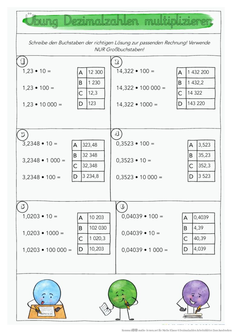 Komma â mathe-lernen.net für Mathe Klasse 6 Dezimalzahlen Arbeitsblätter Zum Ausdrucken