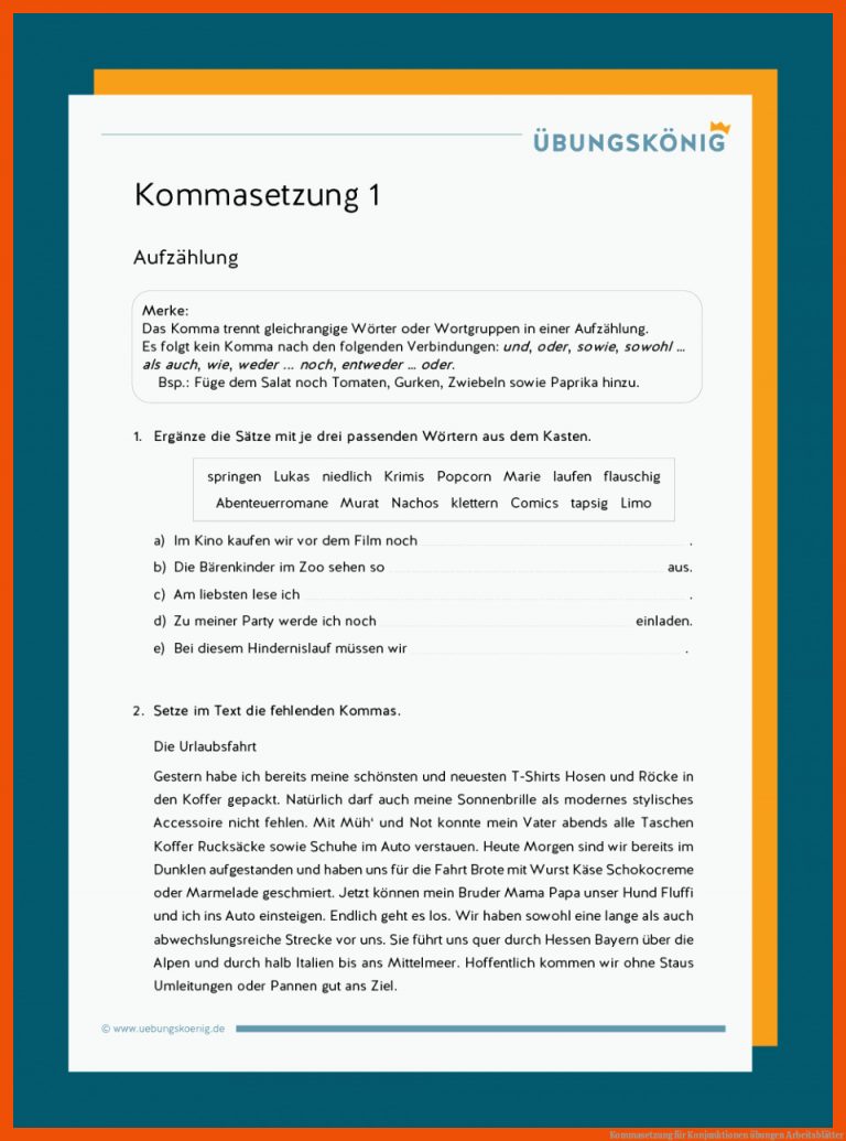 Kommasetzung für konjunktionen übungen arbeitsblätter