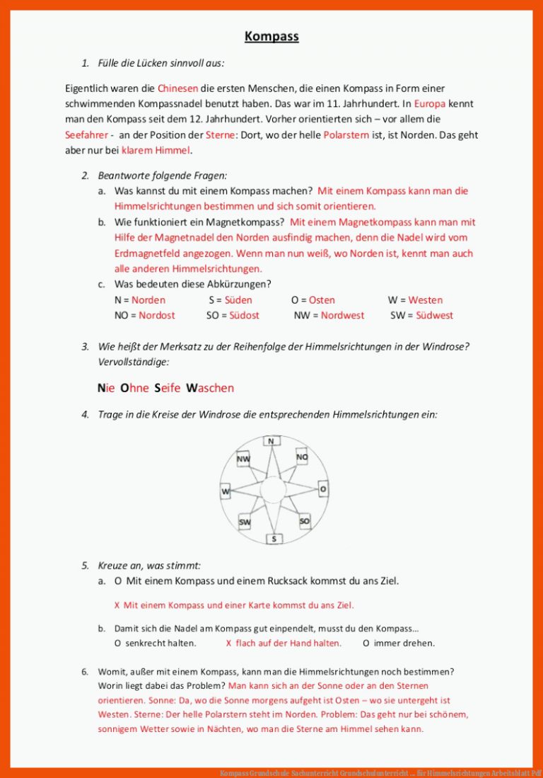 Kompass Grundschule Sachunterricht | Grundschulunterricht ... für himmelsrichtungen arbeitsblatt pdf