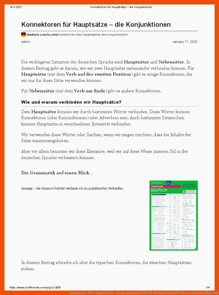 Konnektoren FÃ¼r HauptsÃ¤tze - Die Konjunktionen | PDF für ausdruck und stil verbessern arbeitsblätter pdf