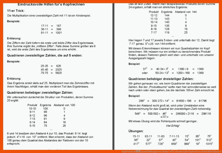 Kopfrechnen â Landesbildungsserver Baden-wÃ¼rttemberg Fuer Kopfrechnen Arbeitsblatt Klasse 9