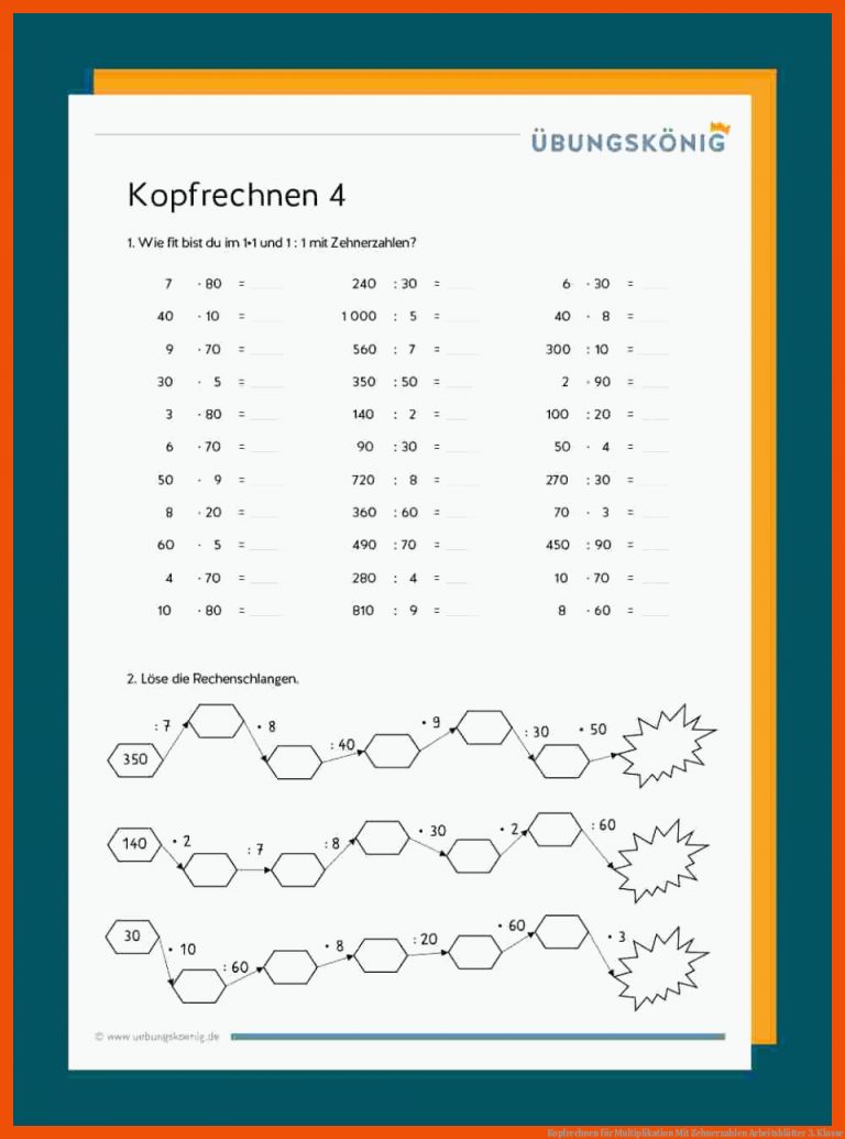 Kopfrechnen Fuer Multiplikation Mit Zehnerzahlen Arbeitsblätter 3. Klasse