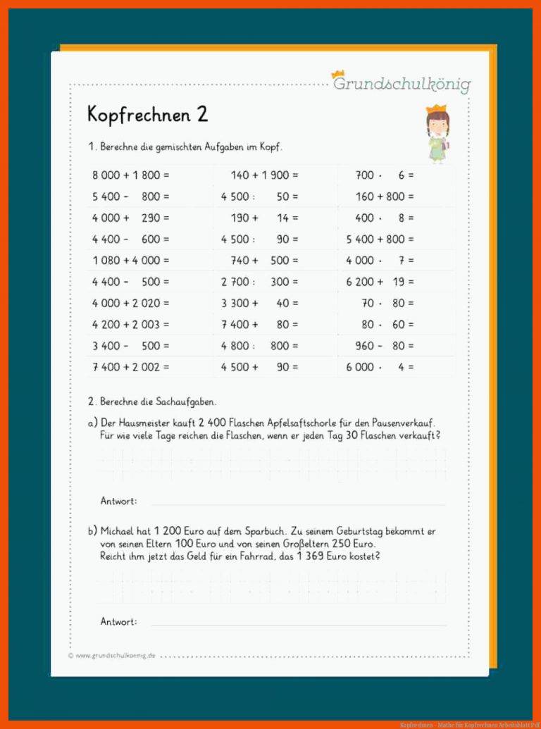 Kopfrechnen - Mathe für kopfrechnen arbeitsblatt pdf